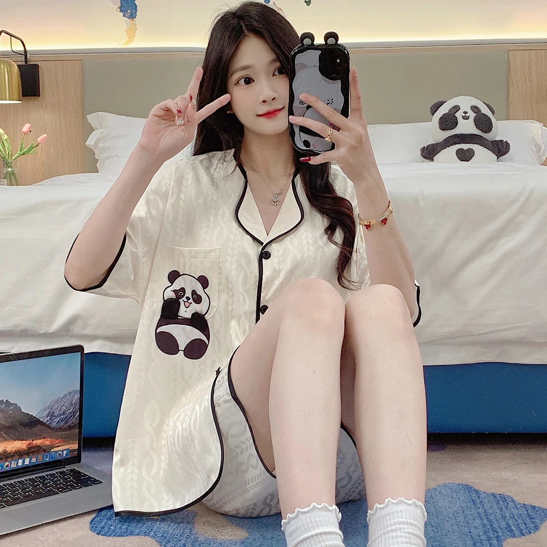 夏季冰雪丝睡衣女网红薄款冰丝女士睡衣短袖短裤可外穿家居服套装