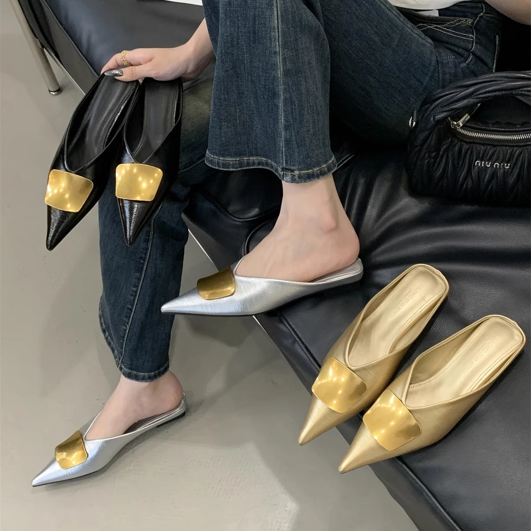 2025夏季新款金属扣尖头平底包头拖鞋女外穿懒人穆勒鞋半拖鞋