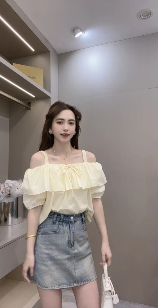 敏敏推荐【盐系少女】设计感荷叶边甜美一字领衬衫女8658