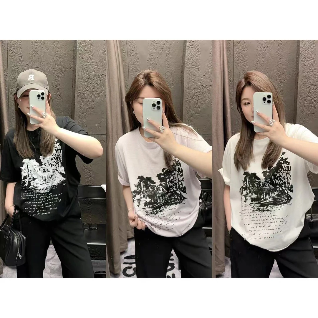 晶咕【椰林日落】美式印花圆领宽松T恤时尚休闲百搭夏季半袖