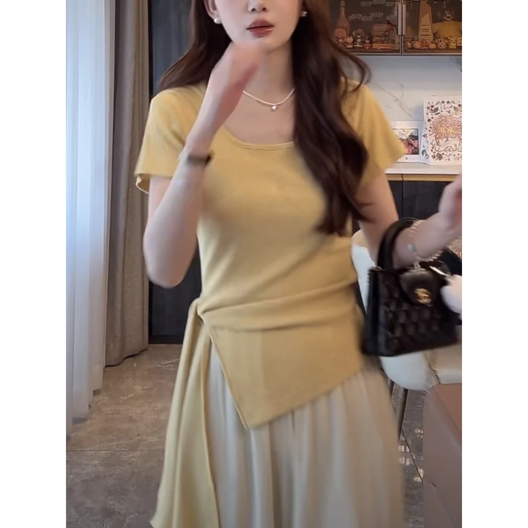 法式不规则开叉短袖t恤夏季方领正肩显瘦收腰系带T恤女装