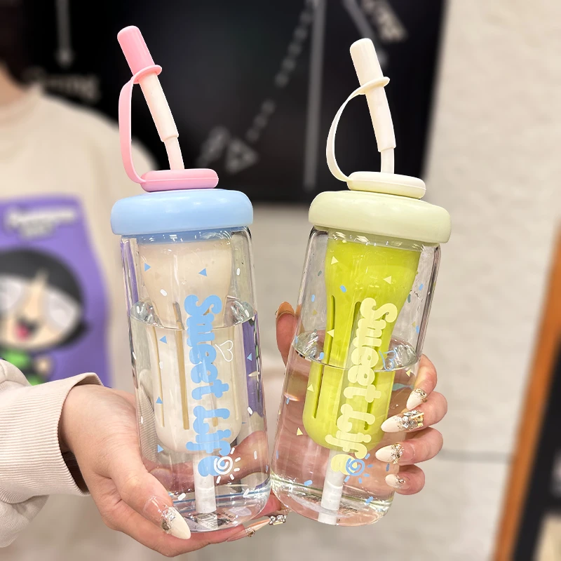 水杯玻璃杯女生高颜值办公室夏天茶水分离泡茶杯学生可爱吸管杯子