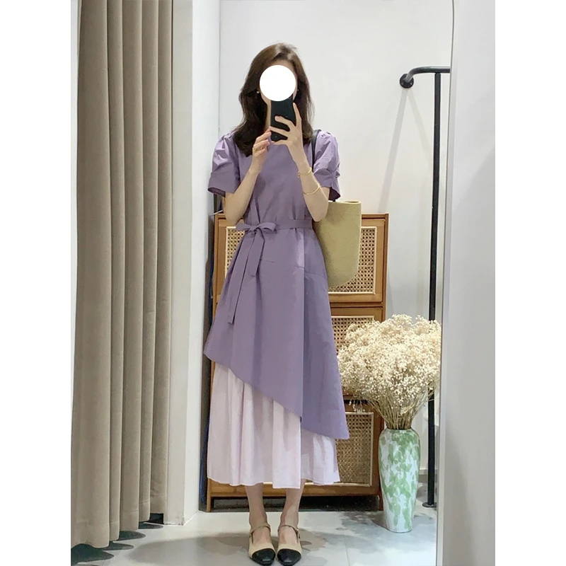 Y1096绝美小裙子独特漂亮气质高级感收腰显瘦紫色假两件连衣裙