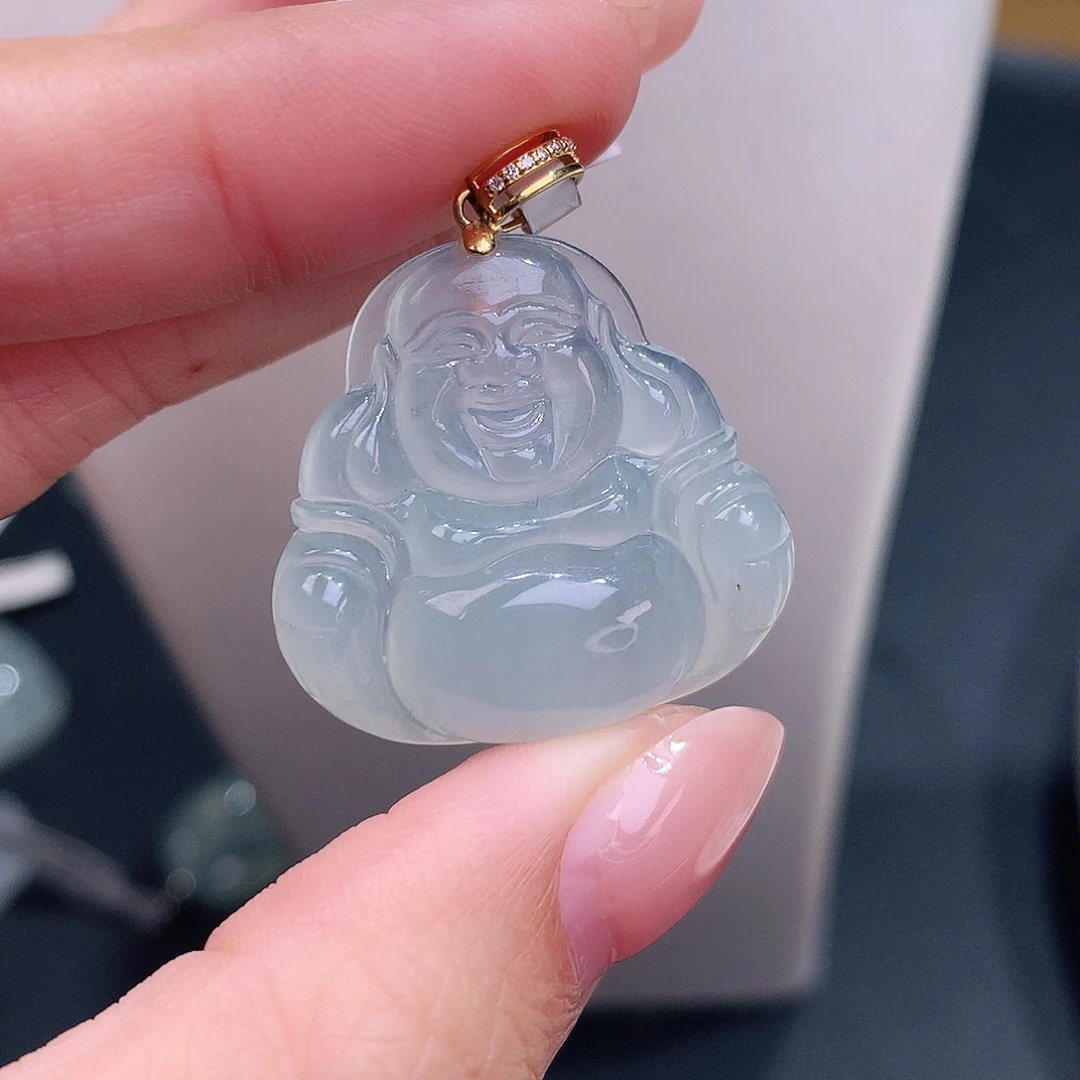 颈饰18K金镶嵌翡翠晴底一刀切冰佛公