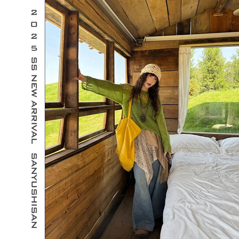 三与十三|绿草如荫|春季镂空圆领宽松针织衫-2