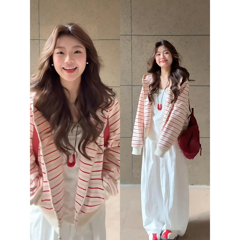 甜美粉色条纹开衫卫衣外套女秋季新款高级感设计宽松连帽拉链上衣