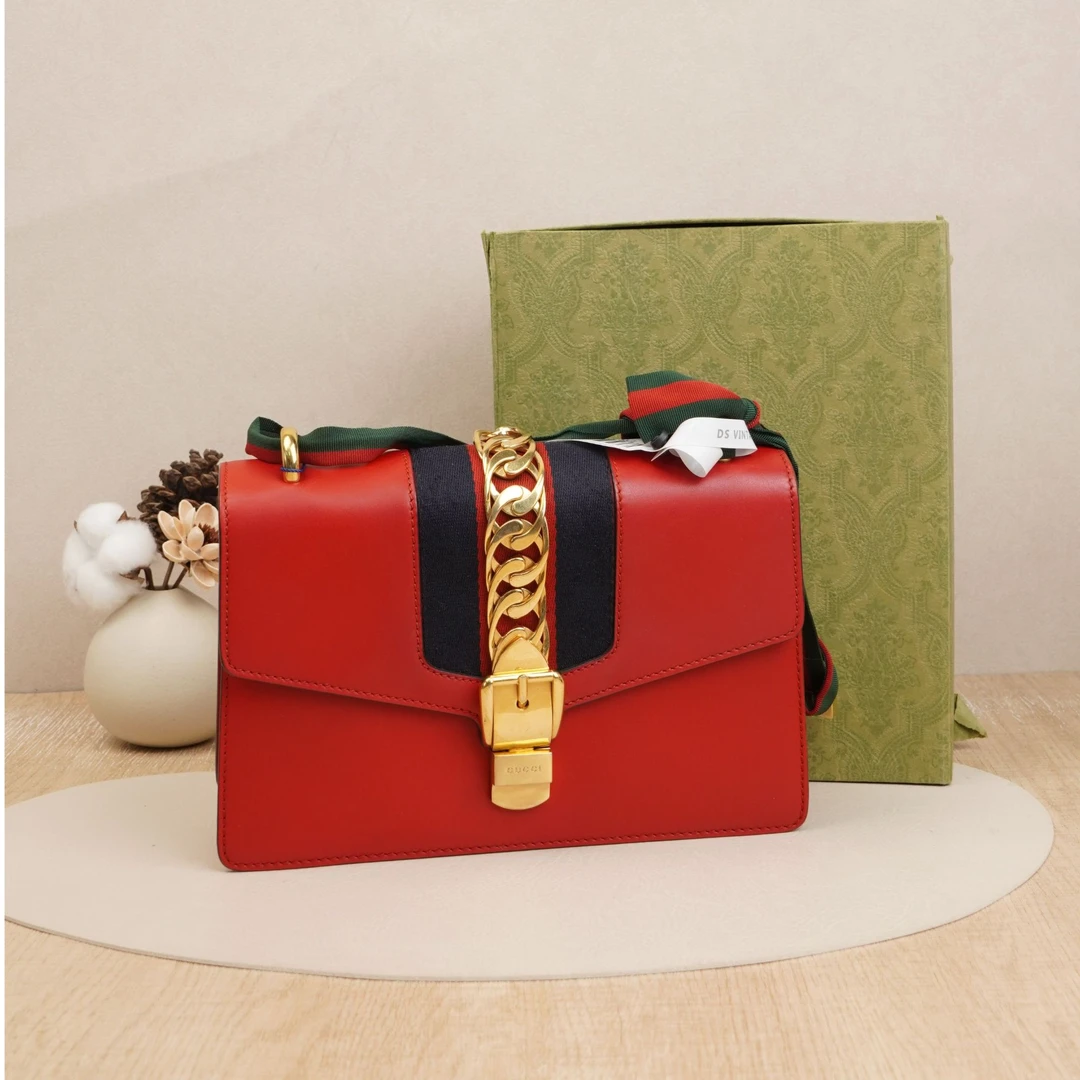 95新 GUCCI/古驰 古驰sylvie塞尔维亚丝带包红色/DS031116