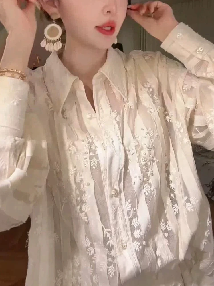 胸136长70剪花刺绣网纱重工单排扣长袖宽松气质衬衫上衣 1169
