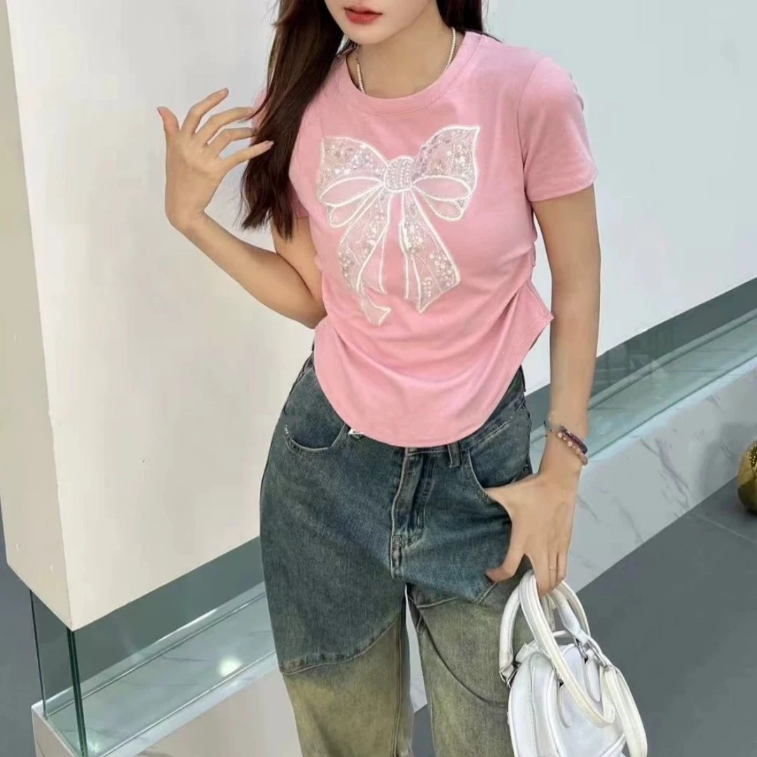 欧货重工烫钻蝴蝶结短袖t恤女2025新款夏季时尚减龄圆领显瘦T恤