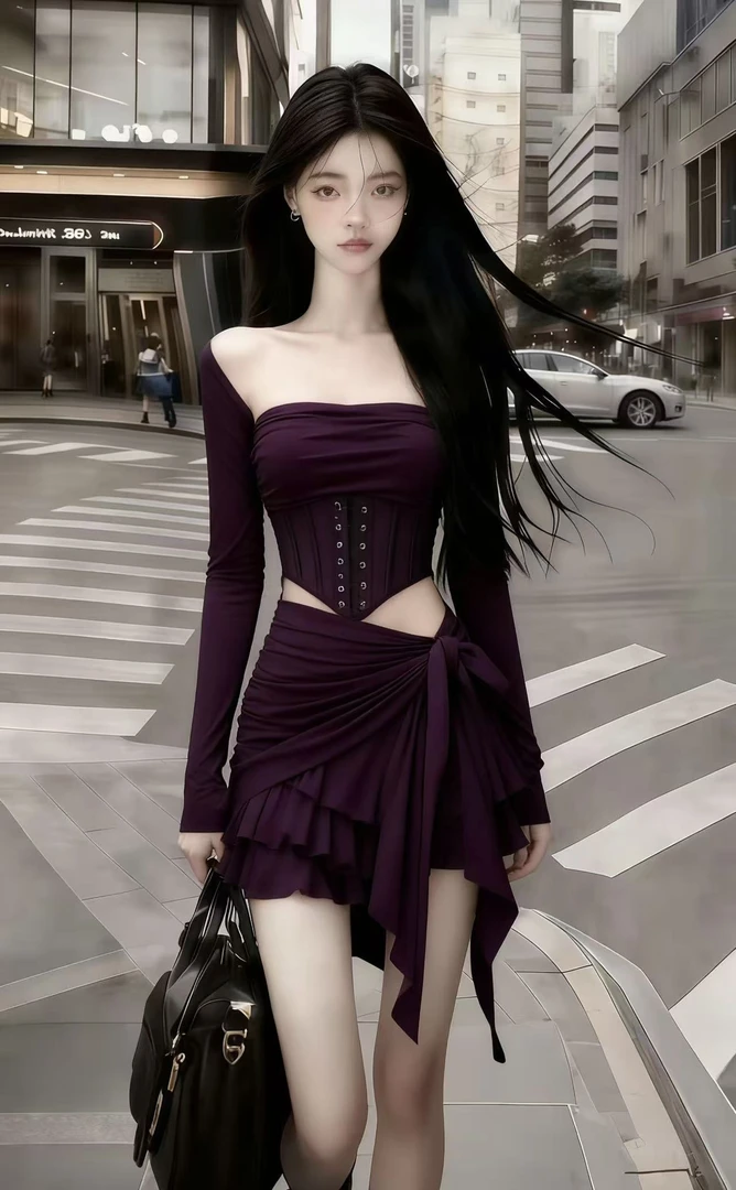 纯欲辣妹风穿搭紫色方领束腰长袖短款上衣+紫色设计感短裙两件套