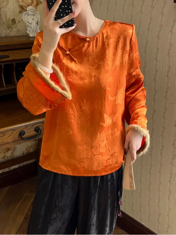 龙娴服饰新中式人丝提花袖口拼水貂毛打底