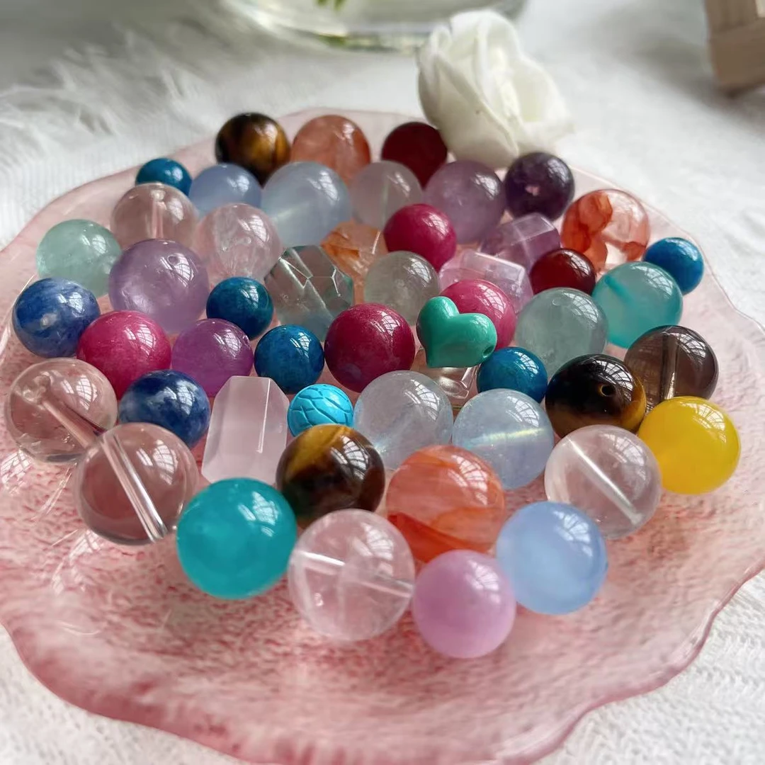 水晶手串项链紫水晶粉水晶黄水晶发晶绿幽红胶花天然水晶DIY单珠