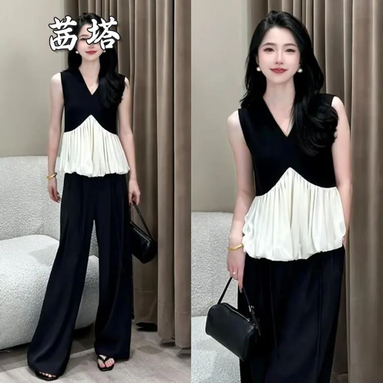 巨好看的夏装一整套女时尚气质减龄法式拼接无袖上衣阔腿裤两件套