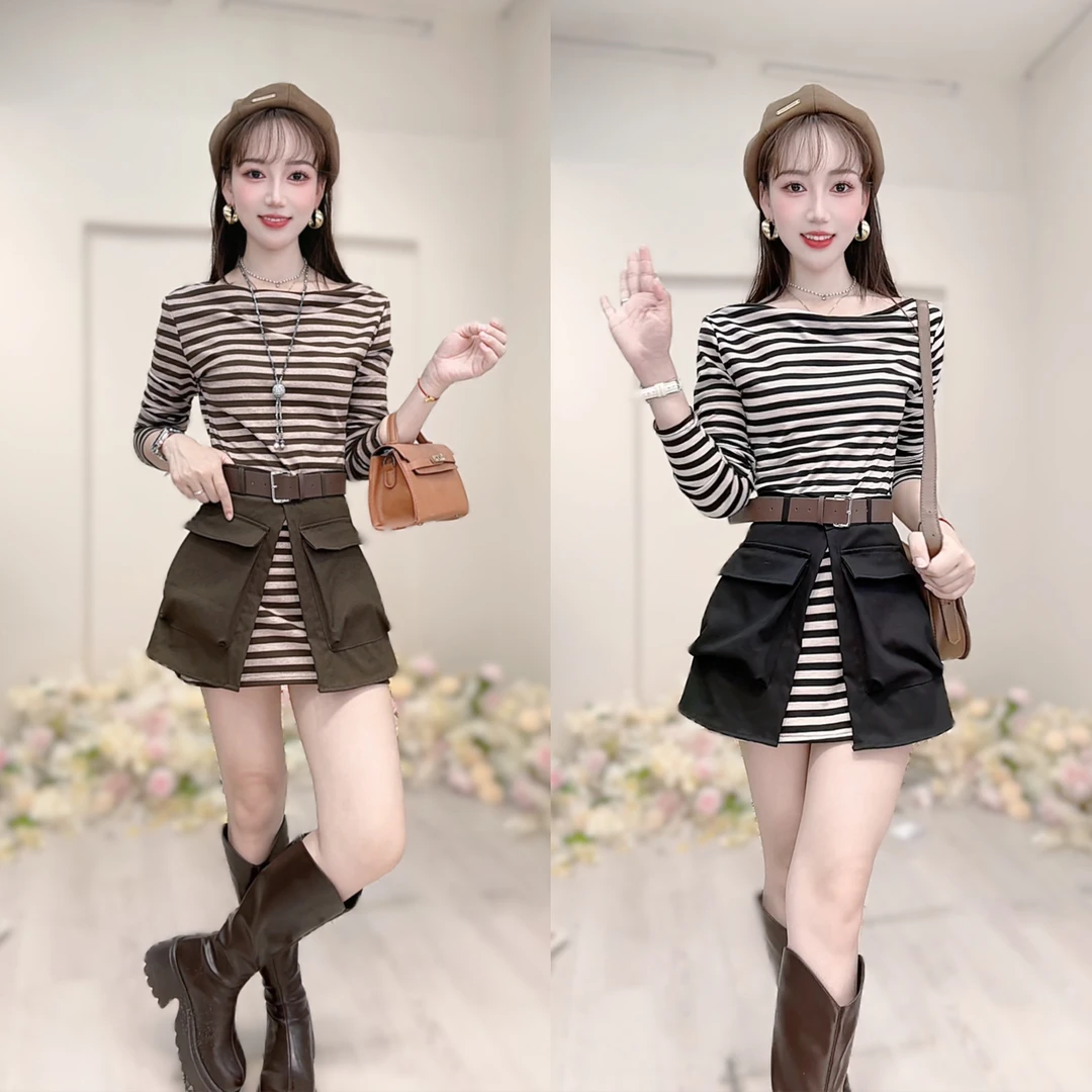 【三件套】A71+A72秋款气质甜美美拉德条纹长袖T恤裙工装裤子套装