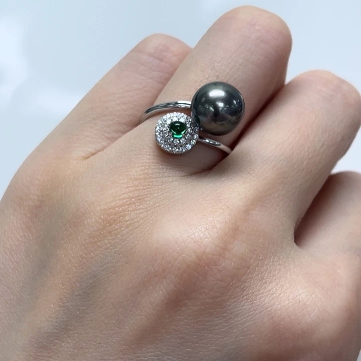 银S925镶嵌戒圈海水珍珠大溪地 9-10mm 79号