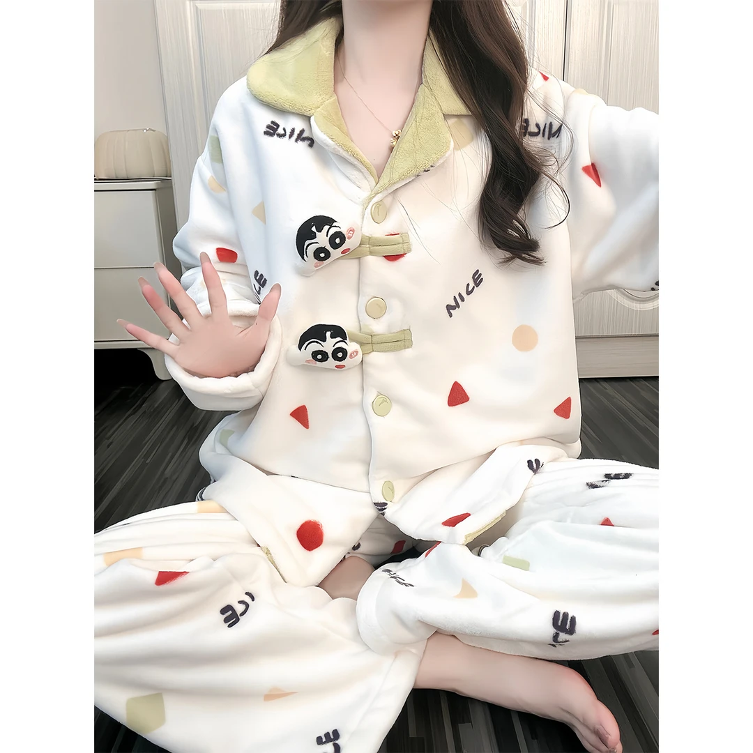 冬季睡衣女可爱小新装饰2025新款珊瑚绒加厚少女法兰绒家居服套装