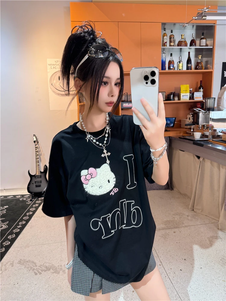 DHR夏季kitty猫刺绣短袖T恤情侣男女宽松显瘦百搭上衣