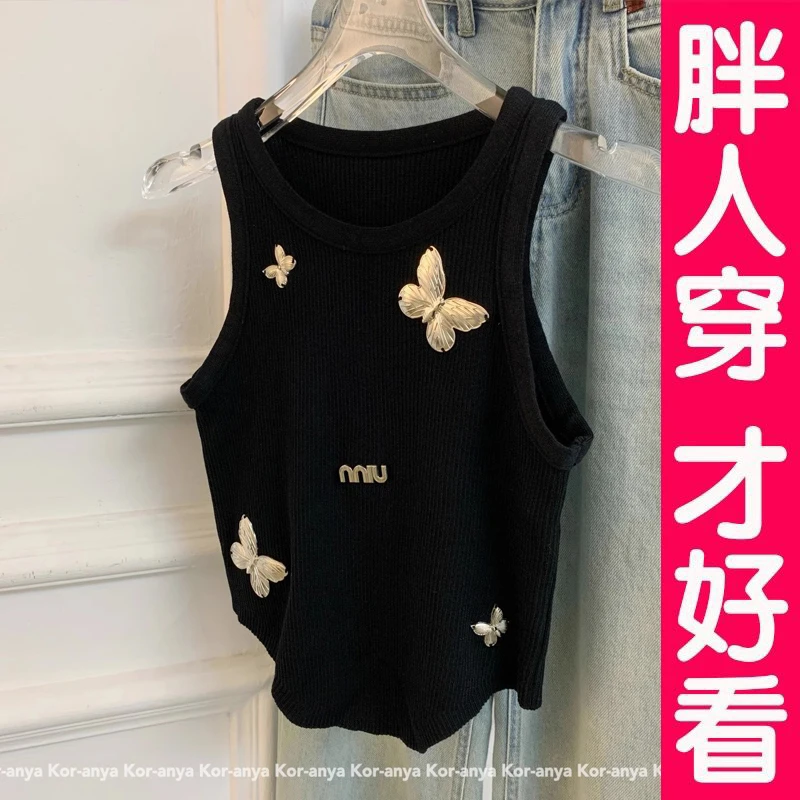 大码胖mm蝴蝶绝美小吊带女夏季外穿甜辣妹小众别致显瘦针织背心