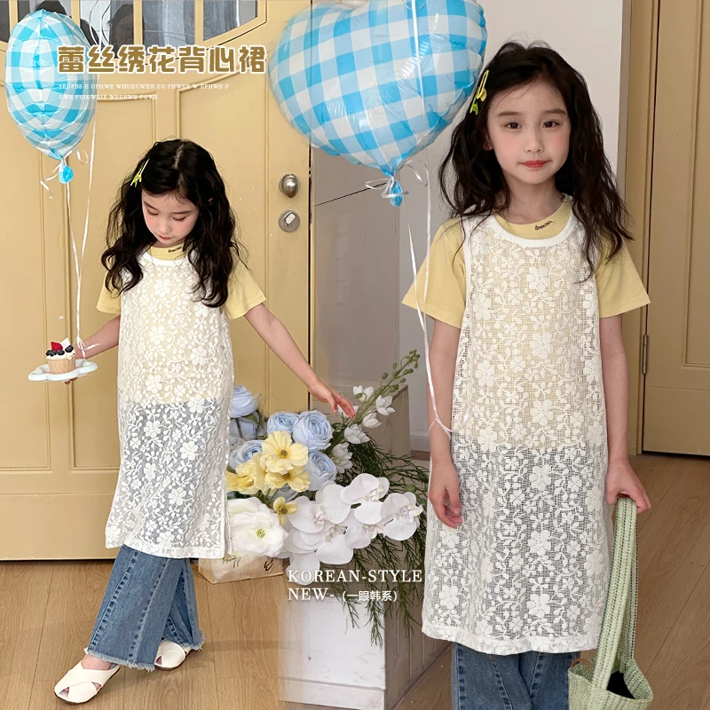 奶油家【缥缈】儿童公主无袖罩衫女童时髦叠穿开叉蕾丝背心裙25B157