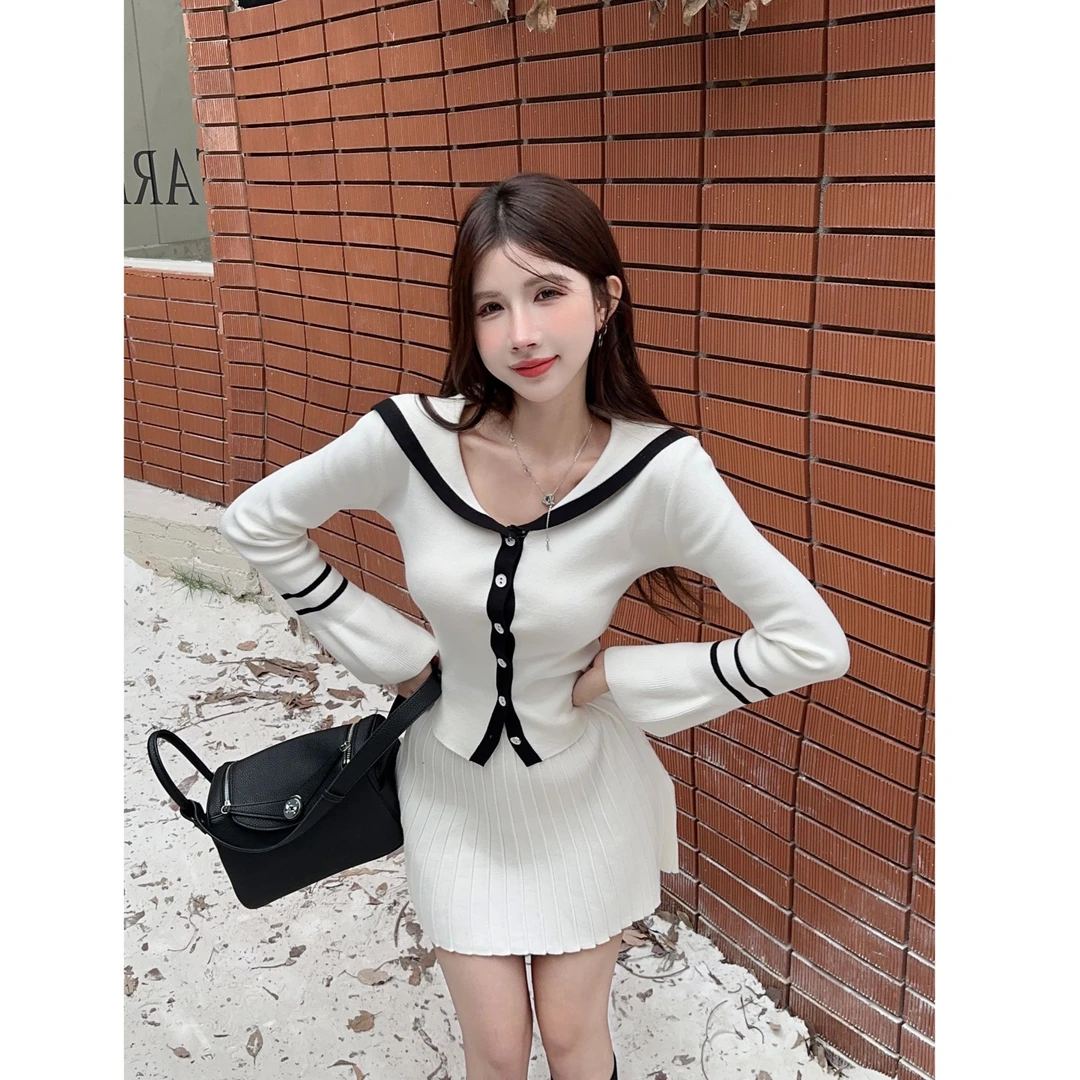 2025秋冬新款学院风时尚减龄气质上衣配针织百褶短裙两件套套装