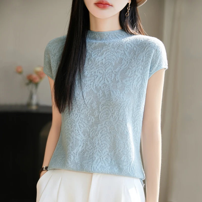 夏季新款16针精纺羊毛立体花型 蕾丝镂空套头半高领针织短袖