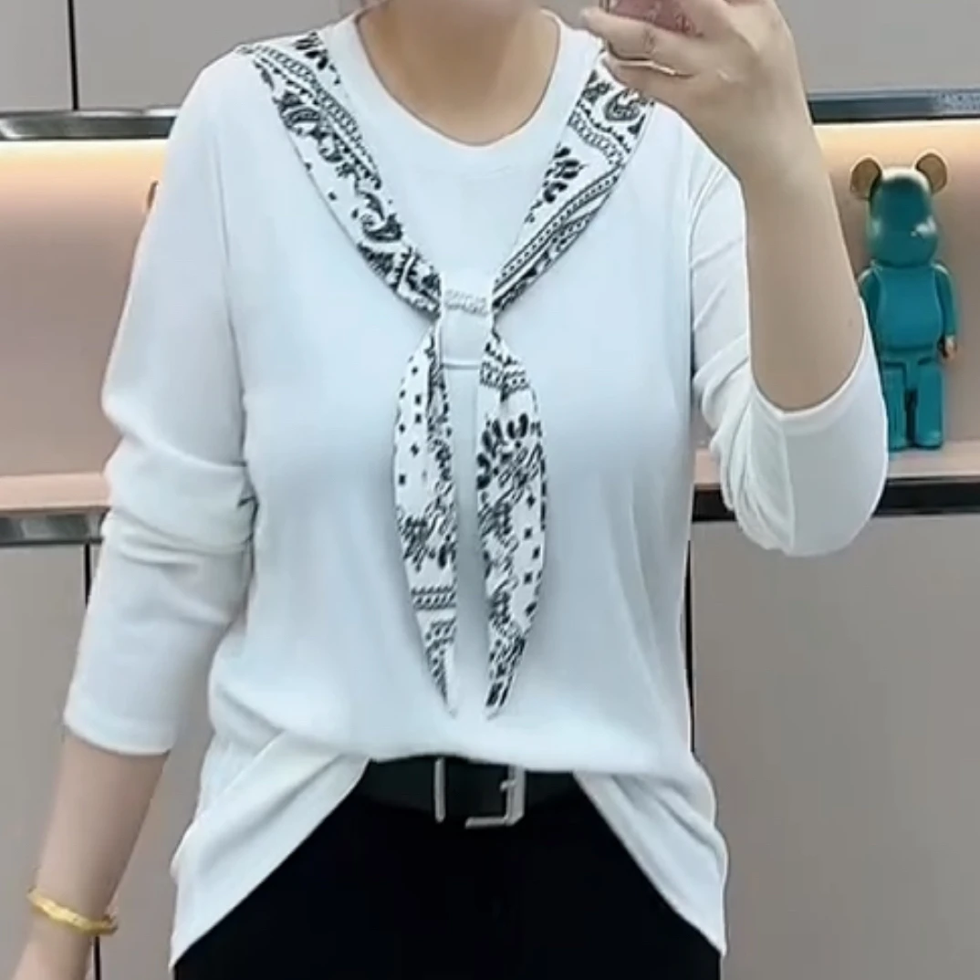 旭8100早秋新款时尚洋气百搭拼接丝带显瘦长袖衫圆领