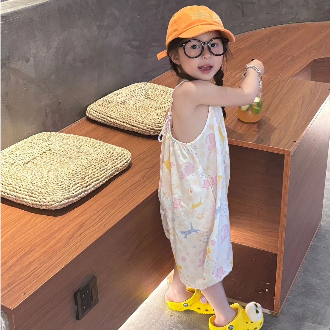 壹妈夏装韩系童装女童洋气萌娃穿搭甜美卡通印花吊带连体裤女宝潮