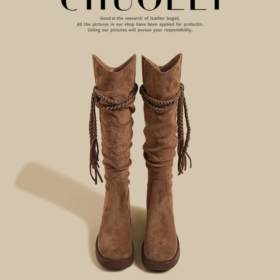 2025秋冬季新款粗高跟褶皱长筒靴女棕色v口堆堆西部牛仔骑士长靴