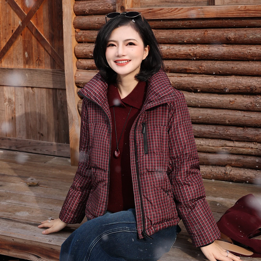 枫竺阿楠anan90白鸭绒立领格子羽绒服女冬季显高显瘦保暖短外套