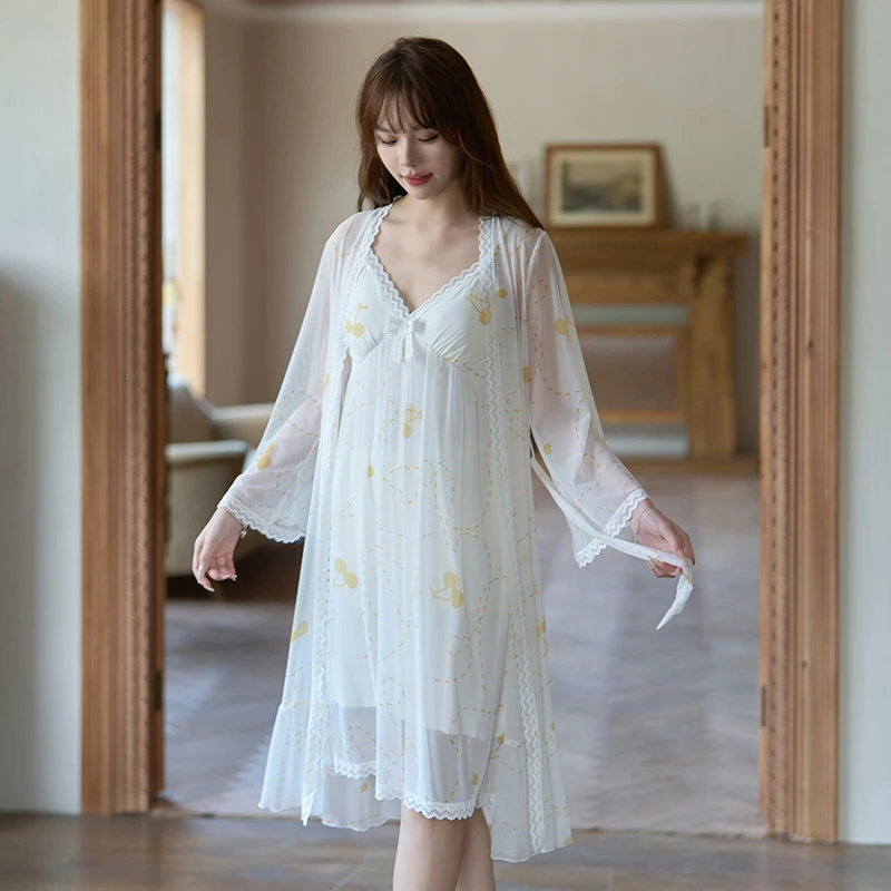 苏雅婷法式印花外层透气网纱里衬舒适莫代尔带胸垫家居服两件套裙