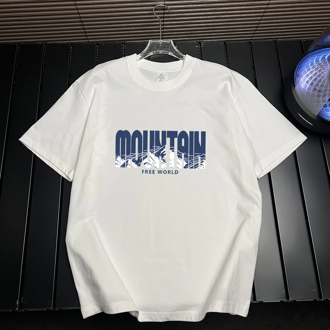 白色山系露营风纯棉短袖t恤男士潮牌夏季2025新宽松日系半袖上衣