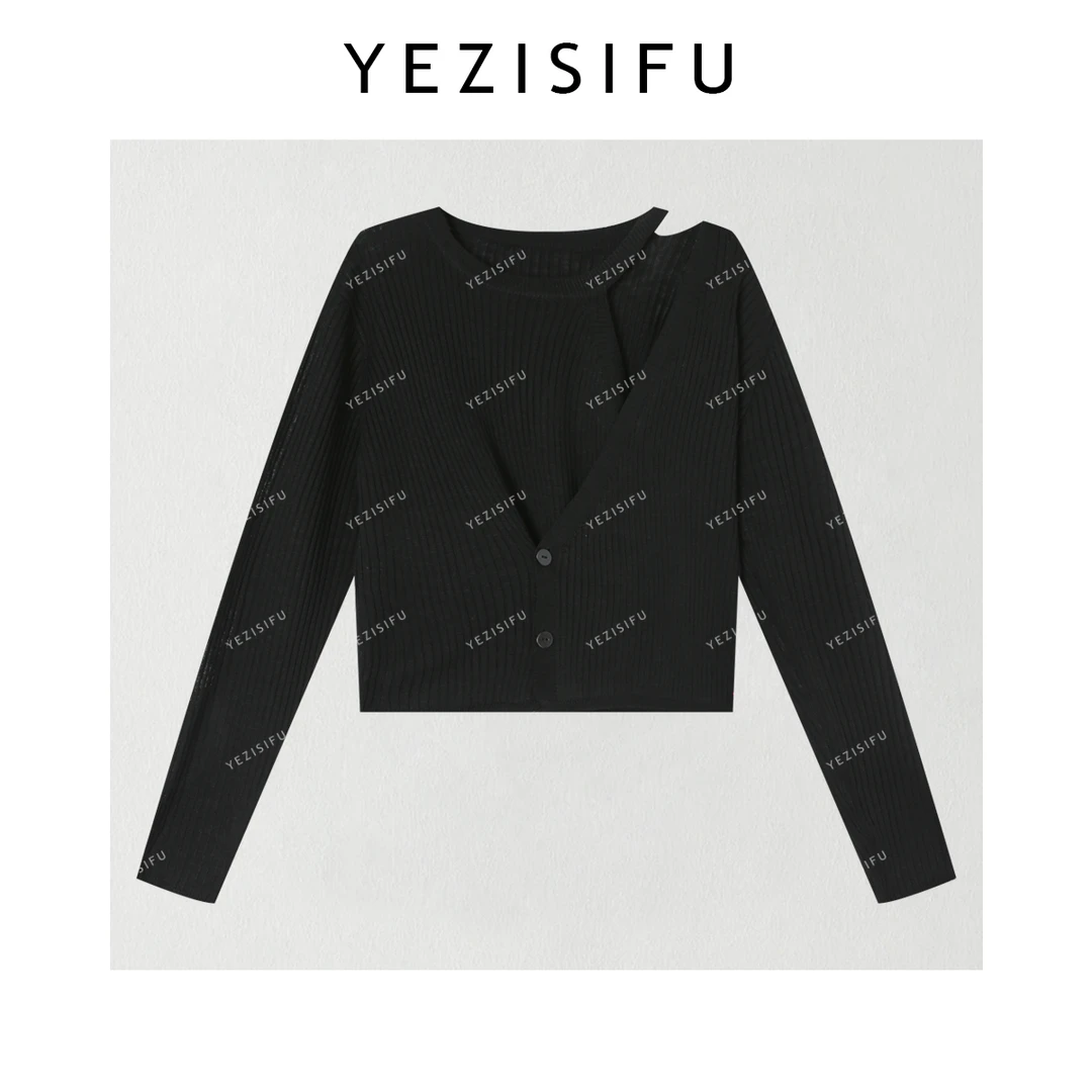 欧尼私服 2025早秋新款露肩斜襟系扣不规则针织衫上衣2508C4768