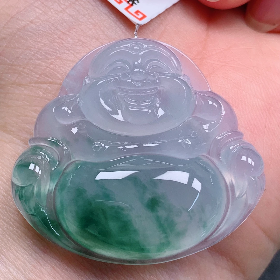 天然缅甸翡翠A货高冰飘花佛公气质精美尺寸38.5+35+7.9 643