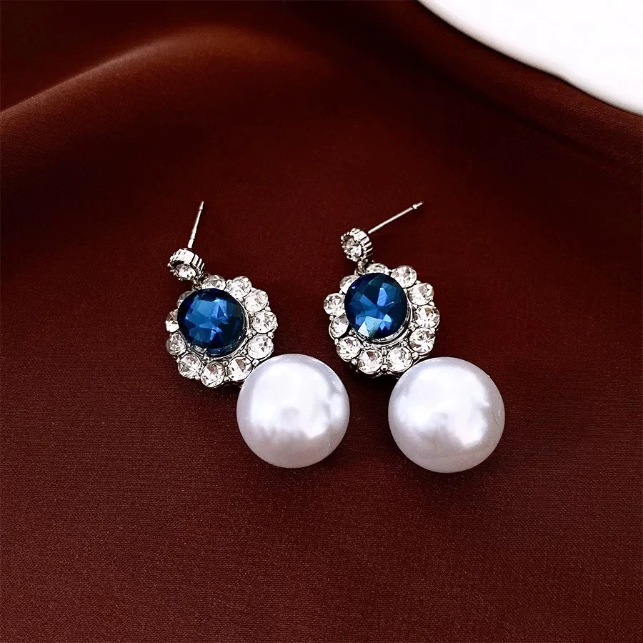铜合金仿珍珠耳饰 欧美风气质轻奢蓝色满钻镶嵌珍珠耳钉小众百搭