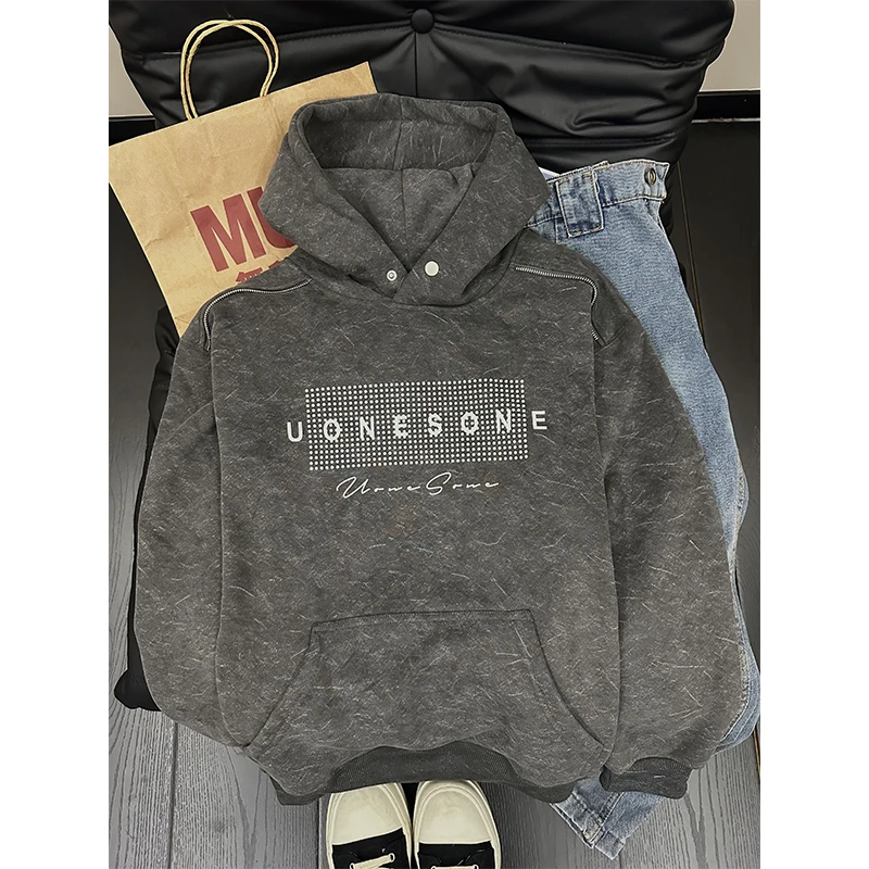 美式复古硅胶印花连帽卫衣男秋冬季加绒设计感情侣装cleanfit外套