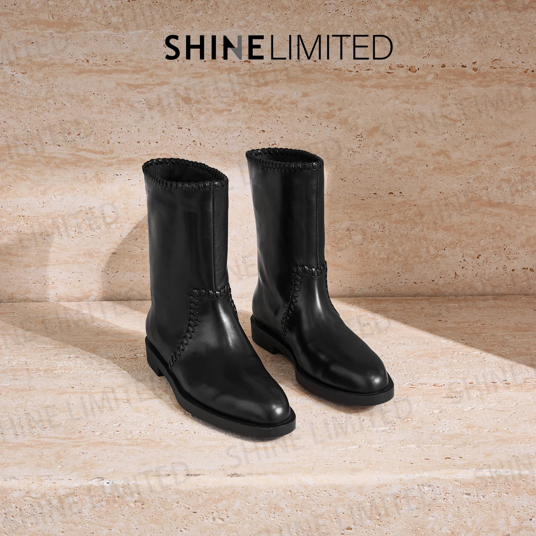 SHINELIMITED2025秋冬胎牛皮新款中跟休闲真皮英伦风短靴女G2583