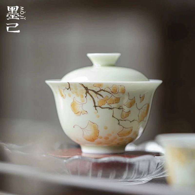 手绘银杏手工陶瓷品茗杯盖碗主人单杯家用中国风功夫文人茶杯清新