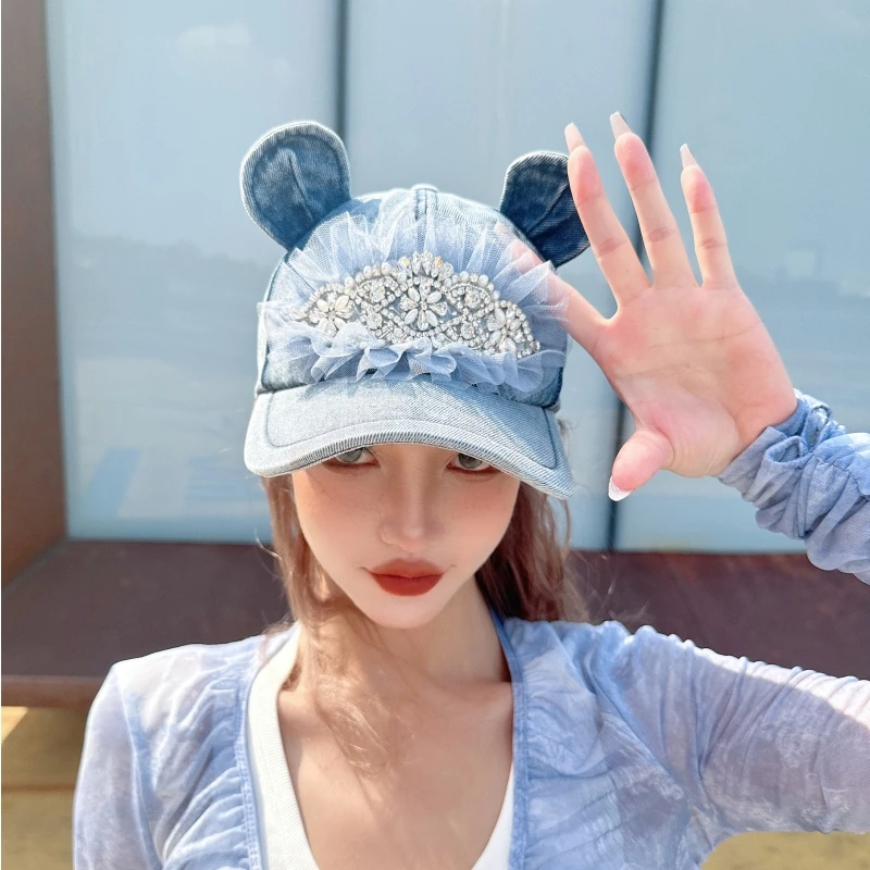 设计师时髦潮款厚牛仔花式珠钻蕾丝立体耳朵高颅顶鸭舌帽