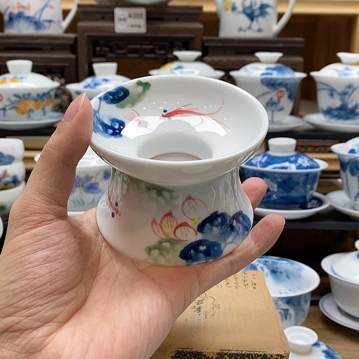 手绘荷花茶漏一个装釉下彩微瑕福利款
