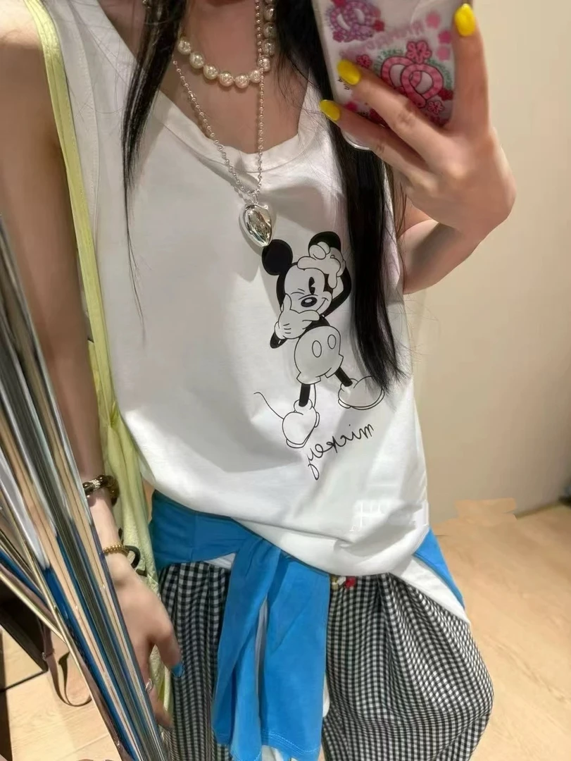 1050 Y180夏季新款时尚圆领卡通印花无袖背心女修身显瘦百搭上衣