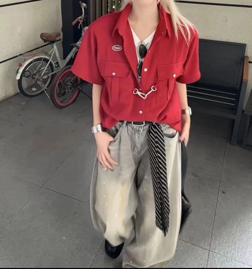 【桃子】清仓爆品复古华夫格短袖衬衫