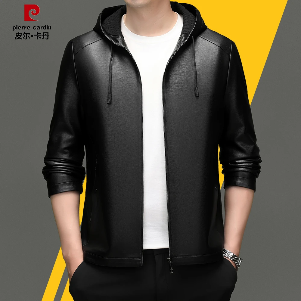 皮尔卡丹【高端生态皮】秋季新款帅气时尚连帽皮衣夹克外套男中青年
