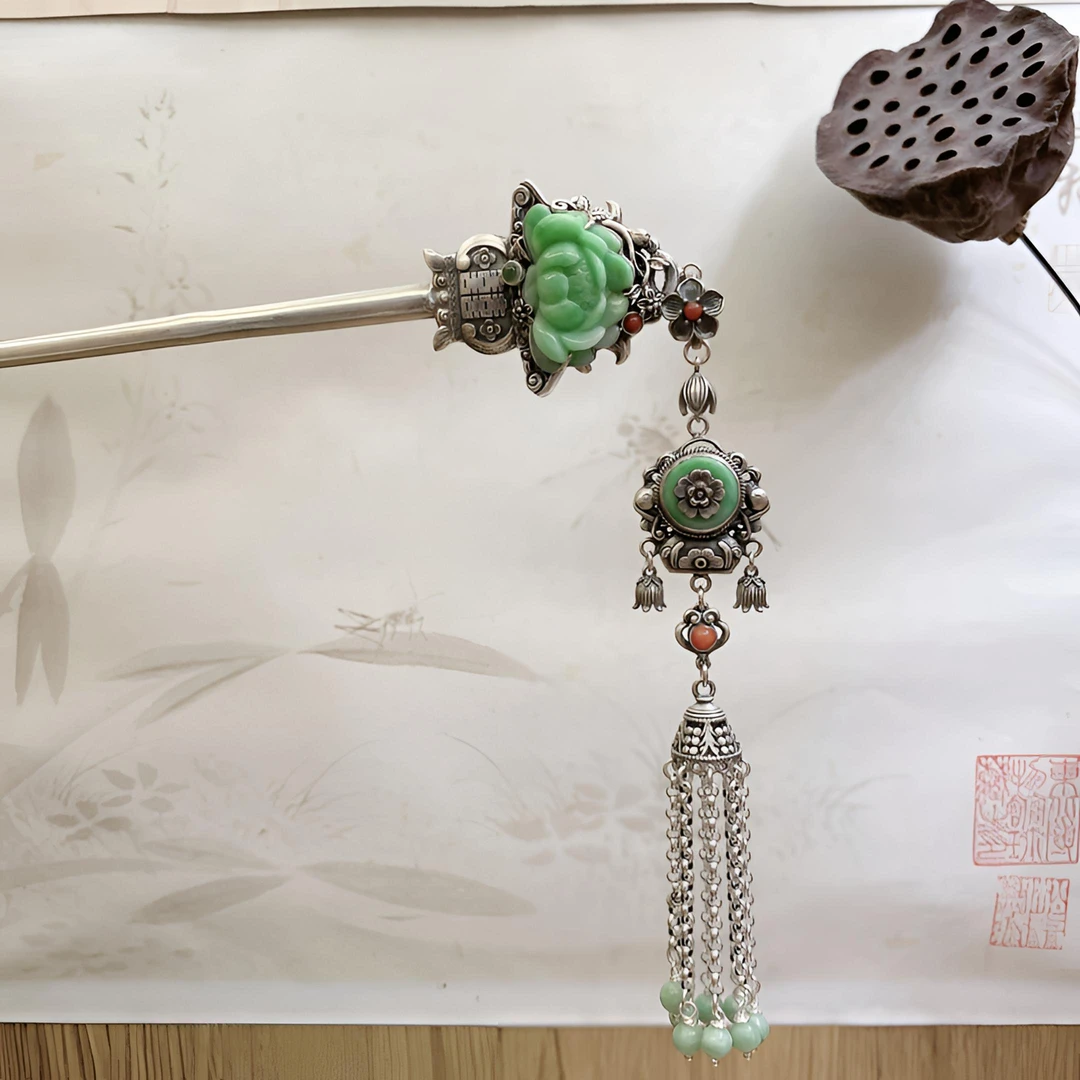 足银银制品 英英手工錾刻银发簪