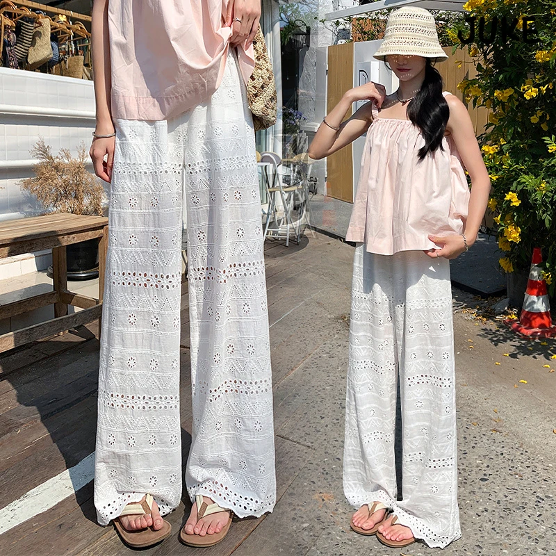 白色镂空蕾丝梧桐裤女2025夏季薄款度假休闲宽松直筒阔腿长裤