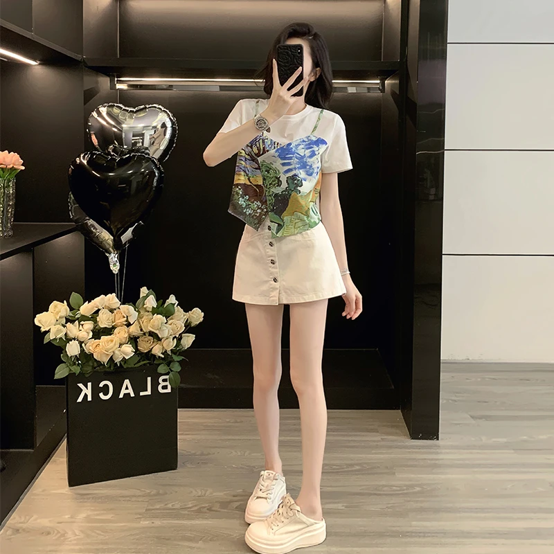 假两件短袖t恤女装套装夏季新款洋气减龄修身短款T恤白色牛仔裙潮