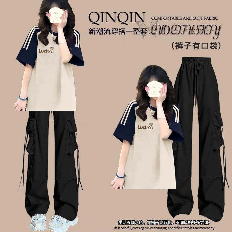 黑色工装裤新款ol套装女装上衣学生衣服洋气炸街休闲减龄韩系短袖