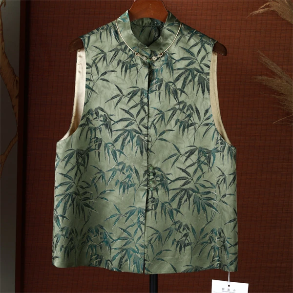 芹 新中式风 老料宋锦绿色马甲  171825