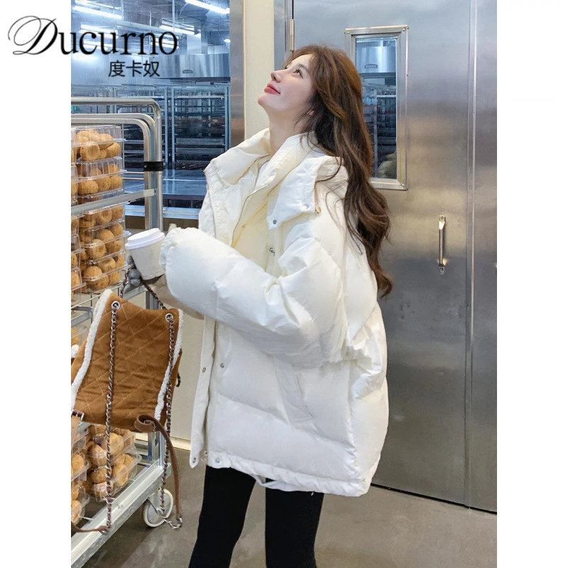 米白色韩系简单大方羽绒服女2025冬季新款休闲连帽加厚90白鸭绒服