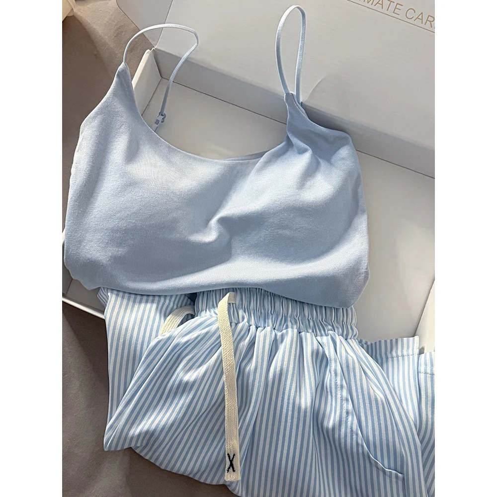 韩版纯欲吊带睡衣夏季带胸垫新款背心条纹短裤可外穿家居服套装ga