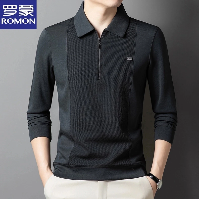 罗蒙春秋季男款拉链polo衫秋装高档百搭高级T恤长袖t恤打底衫男